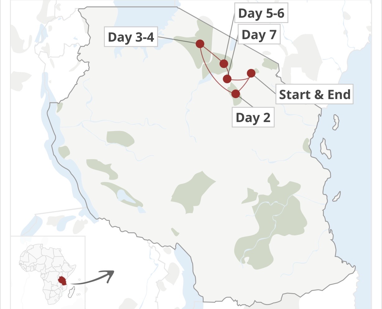 Tour Map for Honeymoon Mid-Range Safari: Tarangire, Serengeti & Ngorongoro Crater
