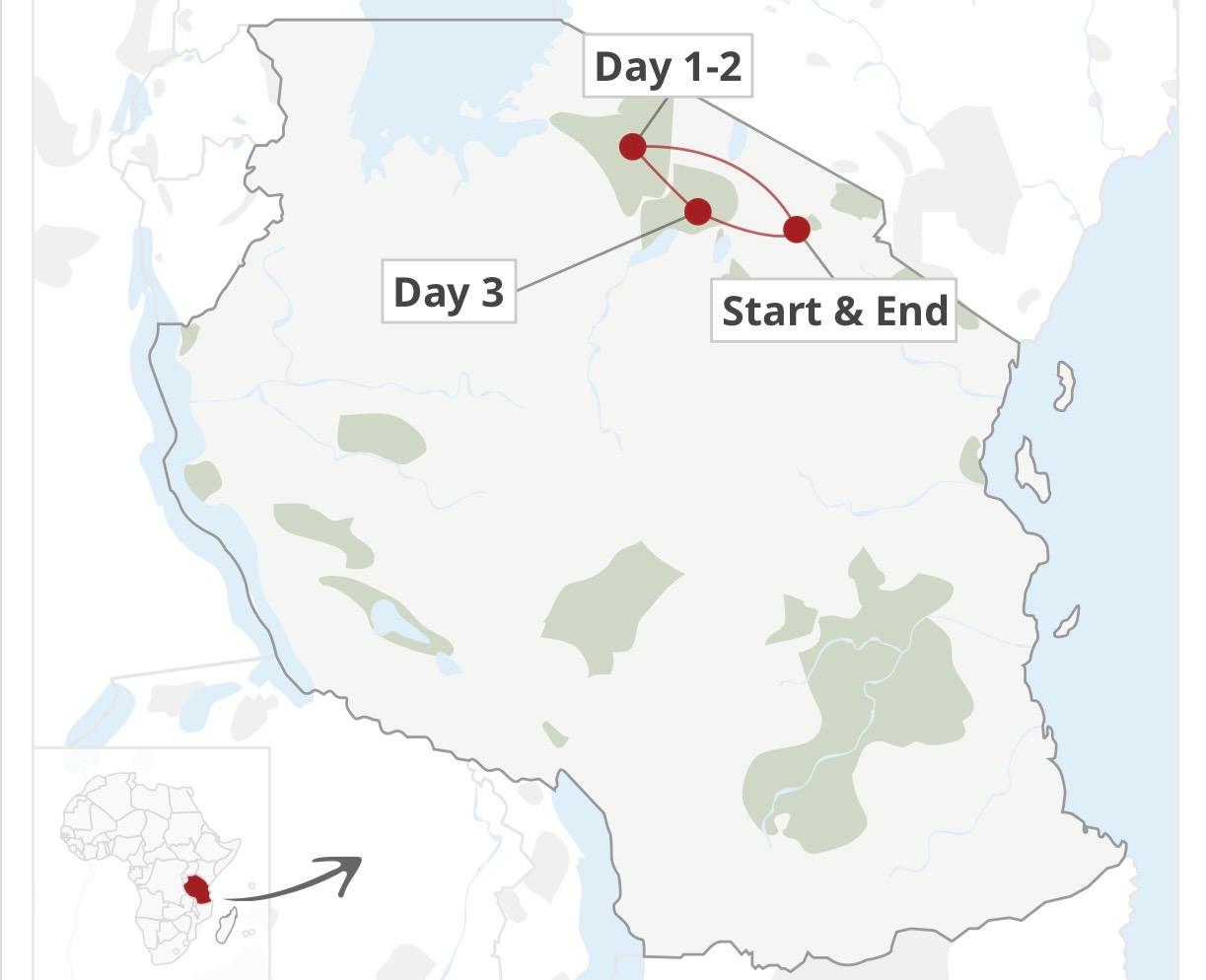 Tour Map for Serengeti & Ngorongoro Camping Safari