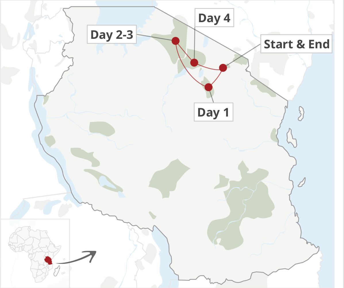 Tour Map for Tarangire, Serengeti & Ngorongoro Crater Camping Safari